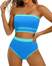 [Yonique] Bandeau Bikini Strapless Swimsuit - Two Piece High Waisted Bathing Suits