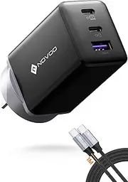 NOVOO 67W USB C Charger with 1 PD 100W Type-C Cable, GaN III 3-Port Compact Fast PPS Wall Charger Foldable, for MacBook Pro 14'', Dell XPS 13, iPad Pro, iPhone 15, Galaxy S24 Ultra, Note 20 etc