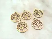 5 Tree of Life Charms Pendants Antiqued Gold Open Filigree Circle Findings 20mm
