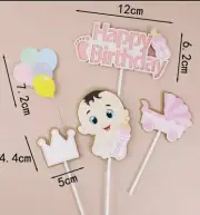 5pcs Baby Girl One Cake Topper Crown first birthday cake topper balloons topper