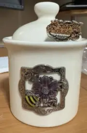 Ganz~"Just Bee Happy" Ceramic Honey Bee & Purple Flower Jar With Lid And Spoon