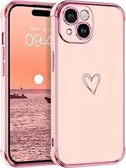 GUAGUA for iPhone 15 Case,iPhone 15 Phone Cases Cute Heart Pattern Soft TPU Plating Cover for Women Girls with Camera Protection & 4 Corners Shockproof Protection Phone Cases for iPhone 15 6.1" Pink
