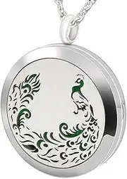 Popeoiuh Aromatherapy Essential Oil Diffuser Stainless Steel Necklace set with Magnetic Locket Peacock Pendant 24" Chain + 8 Colors Pads