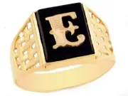 10k or 14k Yellow Gold Bold Black Onyx Mens Basket Weave Initial Letter E Ring