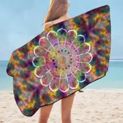 White Flower Mandala over Colorful Space Microfiber Beach Towel