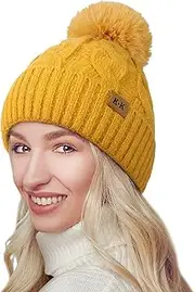 [Hebenie] Winter Hats for Women - Warm Knitted Bobble Hat Fleece Lined Thermal Beanie Hats Ladies Soft Ski Cuff Cap with Pom Pom