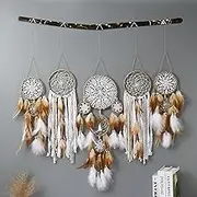 Boho Dream Catcher Set 5 Pack Moon and Sun Design Wall Hanging Decor Handmade Traditional Feathers Dream Catchers for Vintage Wedding Home Decor Living Room Bedroom
