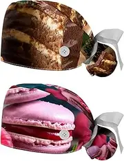 [YTYVAGT] 2-Pc,Nurse Scrub Caps,Scrub Hats with Buttons and Cotton Sweatband,Cake Food Pattern