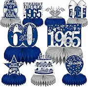 LINAYE 60th Birthday Decorations for Men - Blue and Silver Honeycomb Centerpieces for 60 Year Old Birthday Party 60th Birthday Centerpieces for Table Sixty Birthday Vintage Decorations Decor