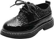 [rismart] Boys Girls Lace-up Oxfords Brogue Wingtip Shiny Sequin School Uniform Dress Shoes for Wedding Birthday Performance