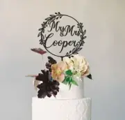 Black Wedding Cake Topper Personalized Name Initials Mr and Mrs Floral Wreath
