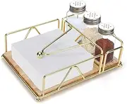 Napkin Holders for Paper Napkins, Flat Napkin Holder with Wooden Base, Gold Stainless Steel Napkin Basket for Kitchen Party Metal Napkin Holder with Weighted Arm, Square Flat Tissue Holder,