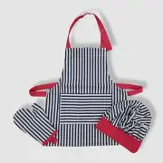 $35 Handstand Kitchen Kids Girls Blue Stripe Cotton Chef Hat Oven Mitt Apron Set