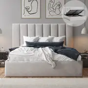 Taupe White Velvet Gas Lift Storage Bed Frame with Vertical Lined Bed Head in King, Queen and Double Size