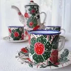 Traditional Indonesian Hand Painted Tea Set (Teapot with 4 cups and saucers)