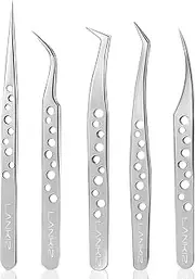LANKIZ Eyelash Extension Tweezers Set 5 PCS for Volume Lash Extensions,High Precision Stainless Steel Lash Tweezers for Classic Individual Eyelash Extensions-9 Holes Silver