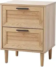 [OIKITURE] Bedside Table with 2 Drawers, Nightstand with Open Shelf Storage, Side Table with Alloy Handles, End Table Storage for Bedroom Living Room,Office, Natural