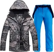 [7HAHA3] Men's Ski Suit Hooded Raincoat Rock Pattern Snowboard Jackets & Pants Waterproof Windproof Snowsuit