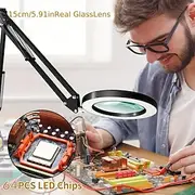 10X Magnifying Glass with Light Hands Free, 2-in-1 Stepless Dimmable LED Magnifying Desk Lamp with Stand, Craft Light Lamp with 3 Color Modes for Close Work Re