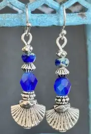 Antique Silver Shell and Blue Glass Bead Earrings. Boho Chic. Ocean. Beach.