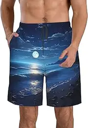 [OAROK] Sea Moon Men's Casual Beach Shorts Quick Drying Shorts Men's Stretch Swim Trunks Daily Wear Style, White, Large