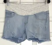 V VOCNI Denim Maternity Shorts Indigo Blue Mom Tassel Secret Underbelly Medium