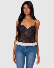 EDIKTED Womens Polka Dot Cupped Mesh Top BLACK