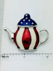 Patriotic Enamel Crystal Teapot Pin American Brooch Red White Blue Brooch
