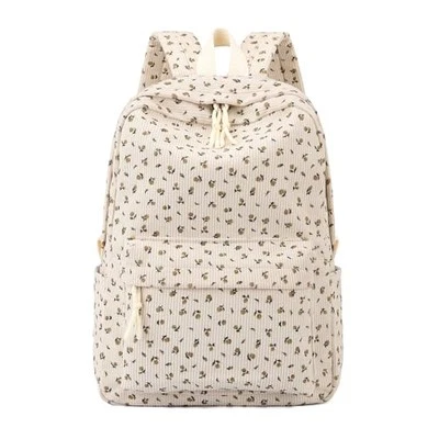 School Backpack for Girls Corduroy Bookbag 16inch Elementary Flora Beige