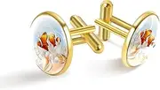 [Generic] Cartoon Underwater Clownfish Shell Print Classic Stainless Steel Cufflinks for Mens, Suit Shirt Cuff Links Jewelry Business Wedding Gifts, Golden