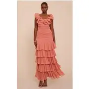 Blush Chiffon Ruched Ruffle Maxi Dress, Blush