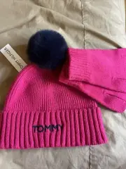 TOMMY HILFIGER GIRLS BEANIE HAT W/ POM & GLOVES COMBO SIZE 8-14Years Pink Blue