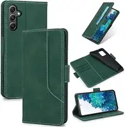Design Piece of Leather-Like Wallet Phone Case for Samsung Galaxy A34 with Card Slots, Cash Pocket, Kickstand and Magnetic Lock (DarkGreen)