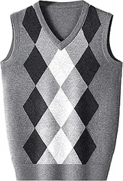 [SWJGLITTR] Men's Argyle Sweater Vest Classic Business Knitwear Wool Vests Sleeveless Pullover Autumn Winter Vest, Grey, Medium