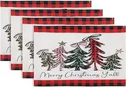 Simpeak Christmas Tree Placemats, 12x18 Inch Merry Xmas Plaid Placemats Set of 4, Seasonal Winter Holiday Table Mats Place Mats for Christmas Party Kitchen Dining Decoration