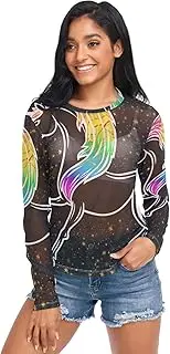 [RPLIFE] Unicorn Colorful Black Mesh Sleeve, See Through Tops for Women Sexy S-XXL