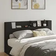 Headboard Cabinet with LED Black, King Size Bed Frame, Upholstered, Adjustable, Wall Mounted, Cabecera, Cama de, Beds, Head, Board, 200 cm