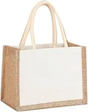 [Generic] Women Burlap Jute Tote Bag Large Capacity Canvas Tote Handbag Contrast Color Ladies Outdoor Handbag