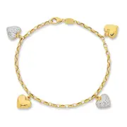 9kt Yellow Gold Silver Infused Heart Charm Bracelet
