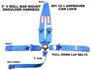 SFI 16.1 ROLL BAR MOUNT 5 POINT RACE HARNESS BLUE V ROLL BAR MOUNT CAM LOCK