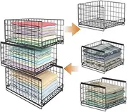 3 Tier Stackable Closet Organizer, Metal Drawer Storage Rack, Bedroom Wardrobe Storage Rack, Closet Rack Organizer Basket Box with Dividers for Bedroom, Cabinet, Bathroom, Living Room, Black.