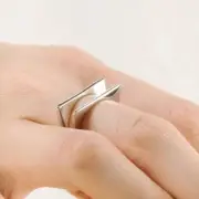 Solid 925 Sterling Silver Minimalist Open Adjustable Ring Square Line Statement