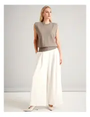 [Basque] Recycled Poly Fluid Double Pleat Wide Leg Pants in Ecru