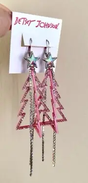 BETSEY JOHNSON EARRINGS CHRISTMAS TREE STAR DANGLE RHINESTONE CRYSTAL NEW $68