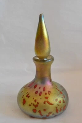 Gold Luster Perfume Bottle With Red Spot Design. Blown Art Glass