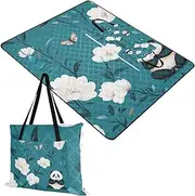 Yoogain Outdoor Picnic Blanket Sand Resistant Indoors Big Picnic Blanket for Women 30s Picnic Items Cartoon Cute Panda Flower Teal 60x80in