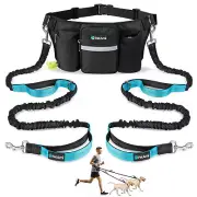 Hands Free Dog Bungee Leash Adjustable Waist Pouch for 2 Dogs Walking Running