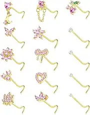 [BSJ4U] Nose Rings Corkscrew for Women Nose Piercings 20G Surgical Stainless Steel Gold Nose Studs Pink Red CZ Heart Butterfly Flower Cherry Bow Moon Dangle Nose Piercing Jewelry