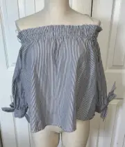 American Eagle Striped Off The shoulder Top Ties Sleeve SZ S Peasant style (2)