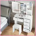 Vanity Desk with Light Dimmable Sliding Mirror White Dressing Table Stool Set